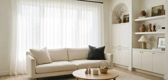 Curtarra Spring Light Edit sale poster featuring made-to-measure curtains and shades with 20% off sitewide and 25% off $1,000+ orders.